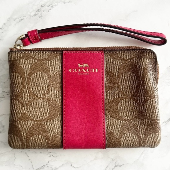 Coach Handbags - Coach Corner Zip Wristlet In Signature Canvas Gold Khaki & Red CC Monogram